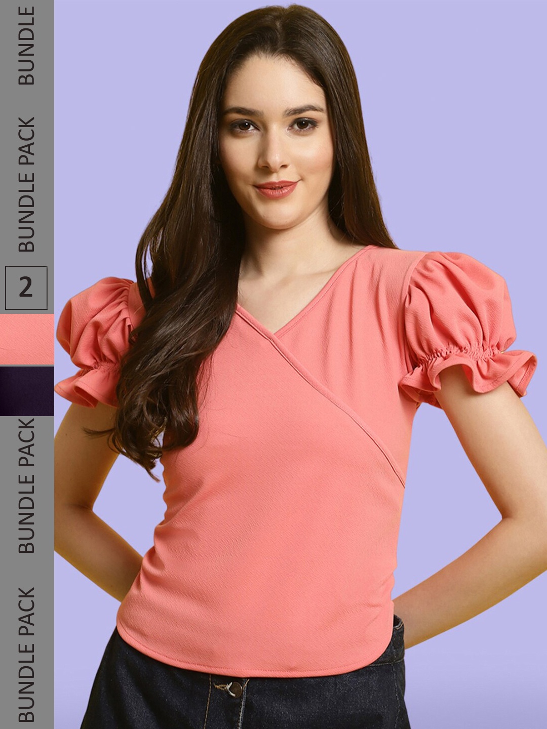 

BAESD Pack Of 2 V-Neck Puff Sleeve Top, Peach