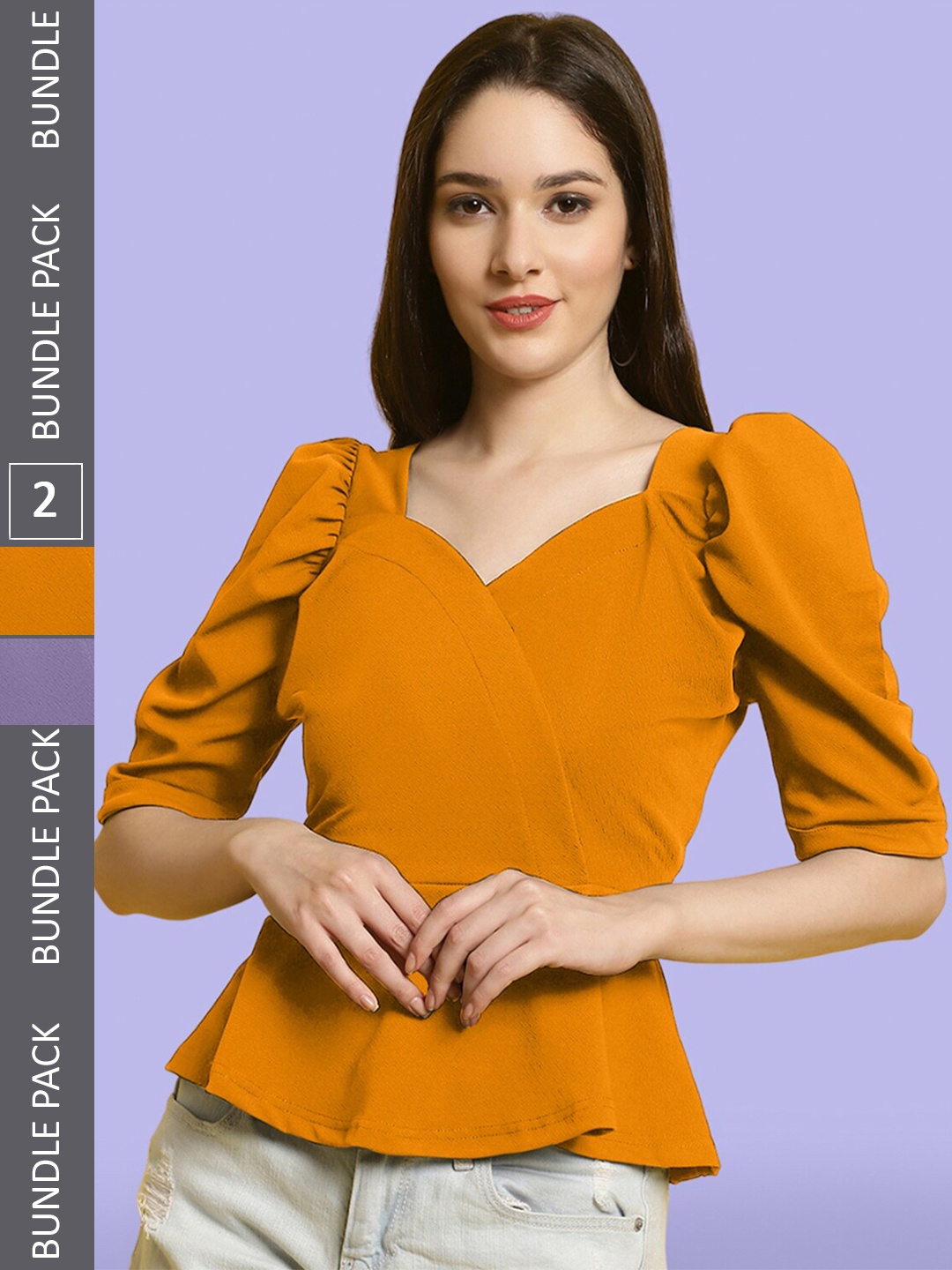 

BAESD Pack Of 2 Sweetheart Neck Puff Sleeve Wrap Top, Mustard
