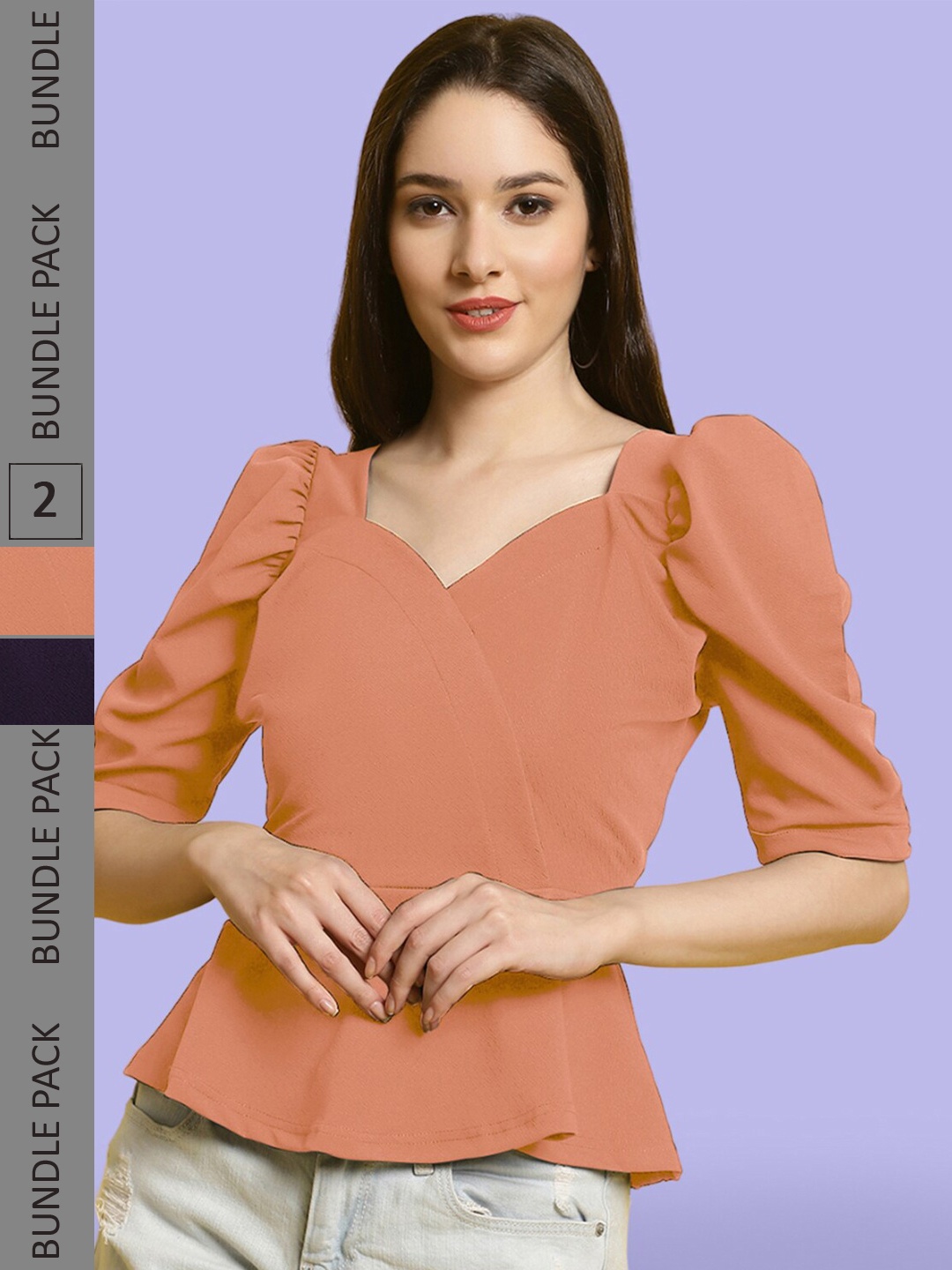 

BAESD Pack of 2 Sweetheart Neck Puff Sleeves Peplum Tops, Peach