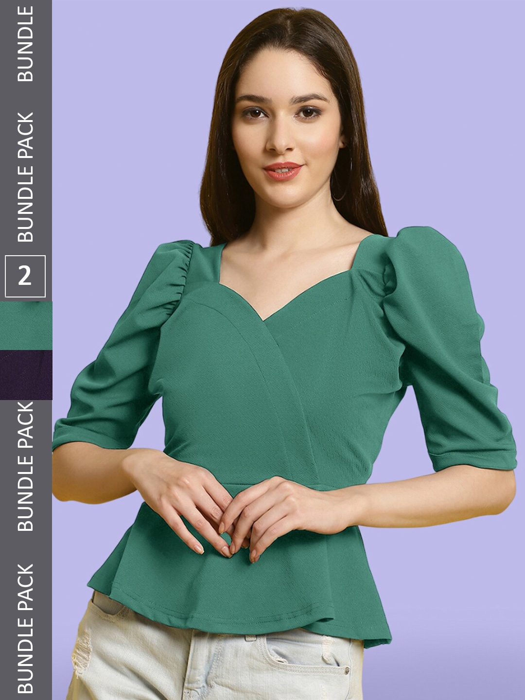 

BAESD Pack of 2 Sweetheart Neck Puff Sleeve Wrap Top, Green