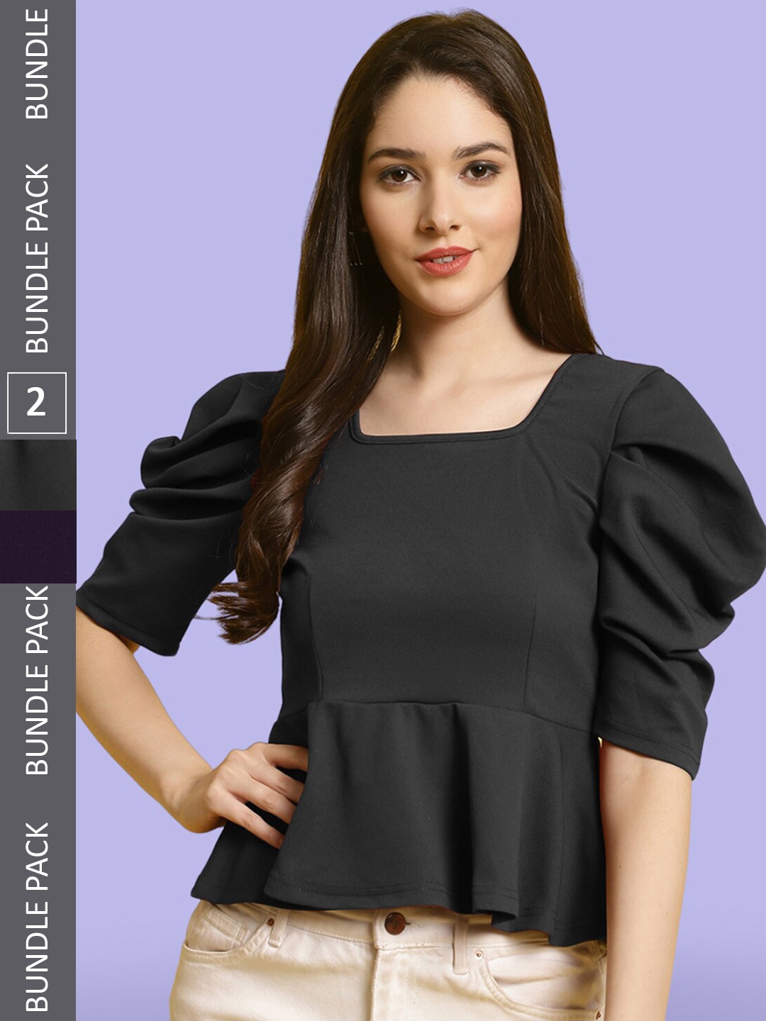 

BAESD Pack Of 2 Square Neck Puff Sleeve Peplum Tops, Black