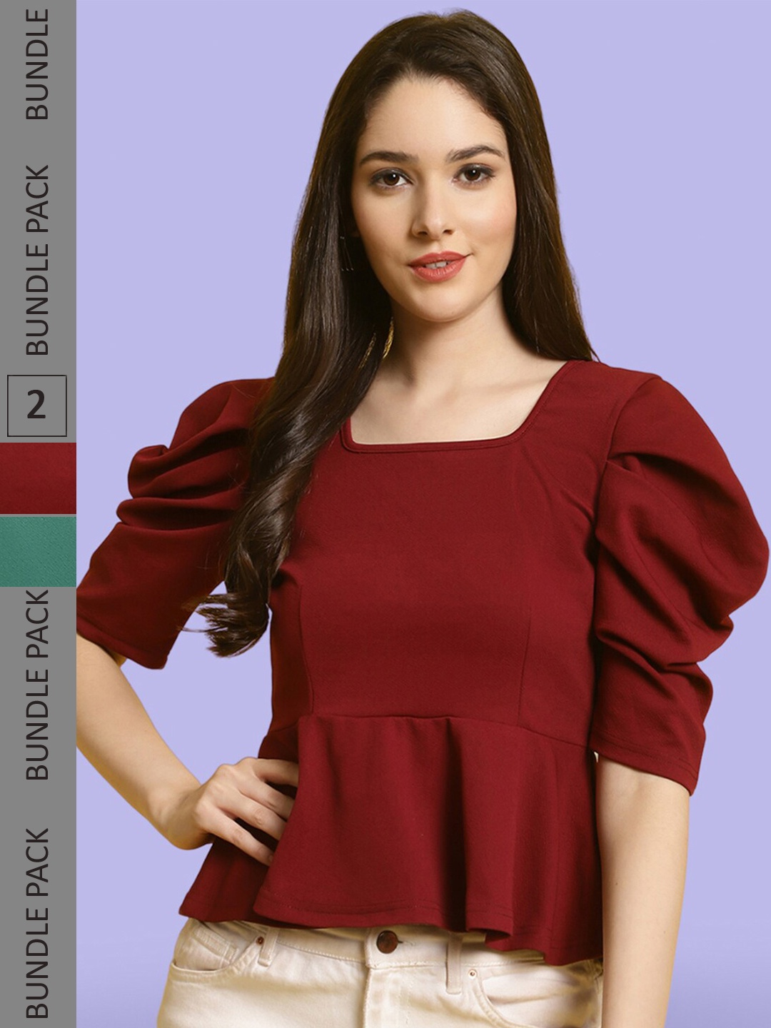 

BAESD Pack Of 2 Square Neck Puff Sleeves Peplum Tops, Maroon