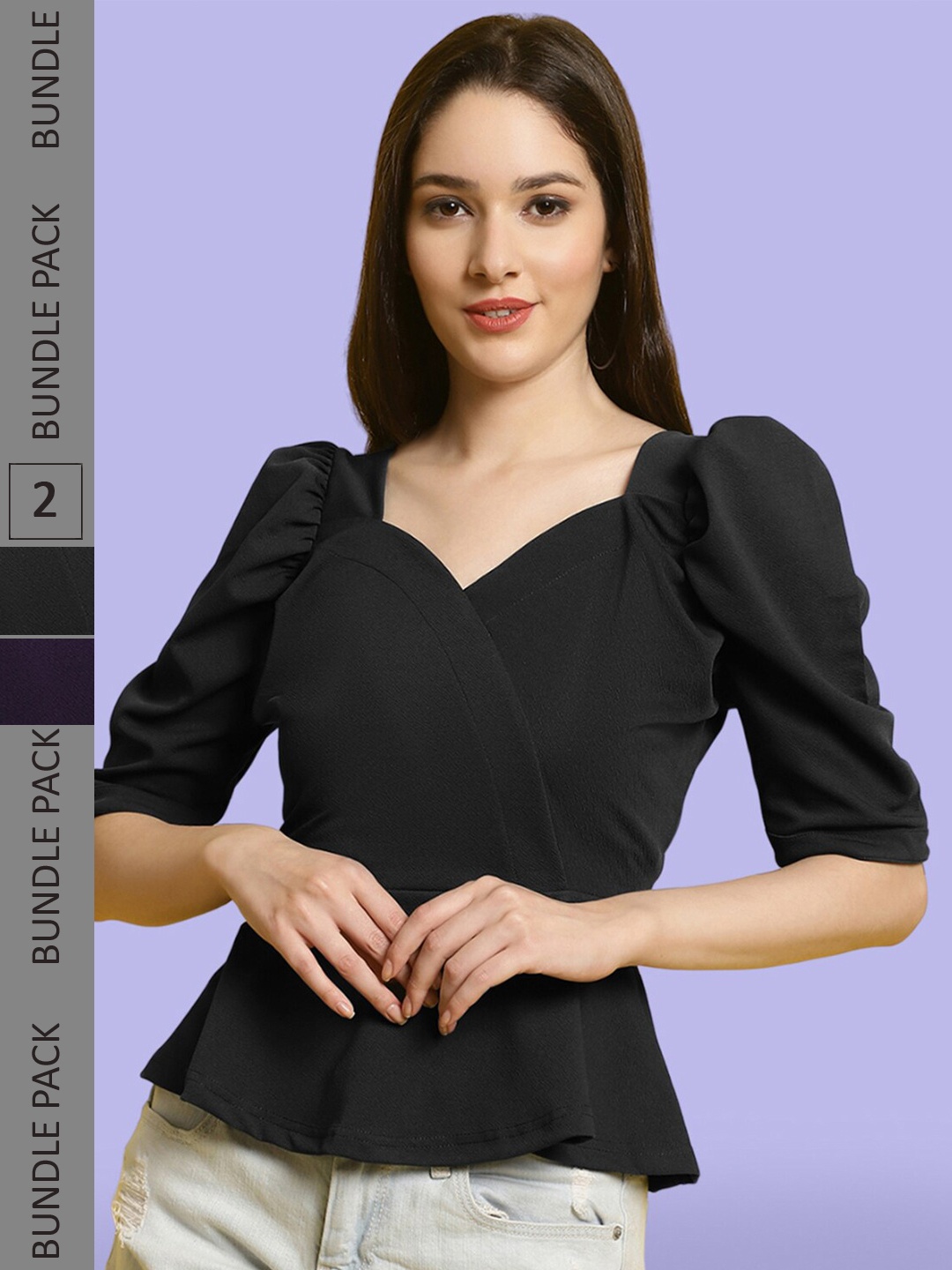 

BAESD Pack of 2 Sweetheart Neck Puff Sleeves Peplum Tops, Black