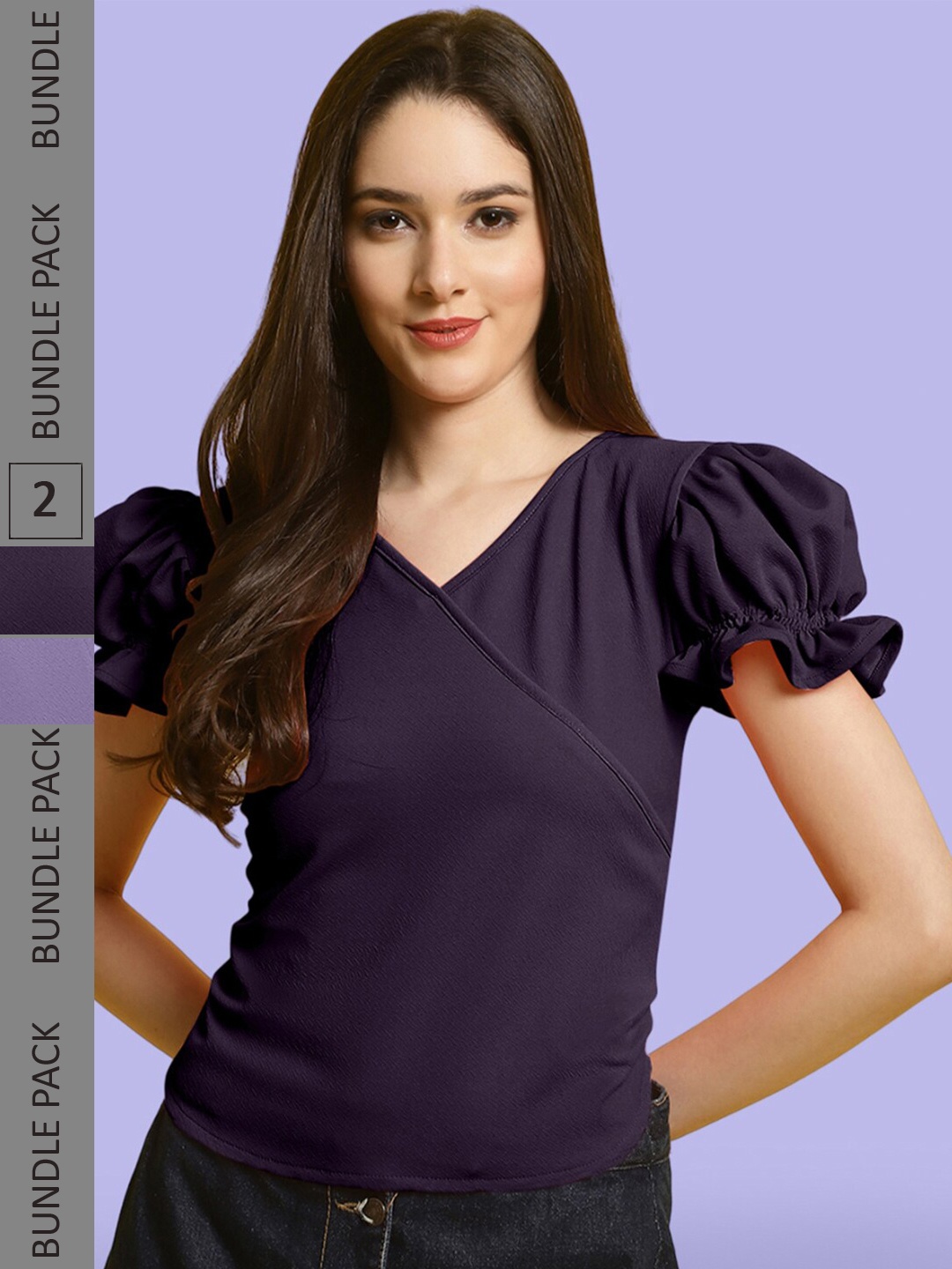 

BAESD Pack Of 2 V-Neck Puff Sleeve Wrap Top, Purple