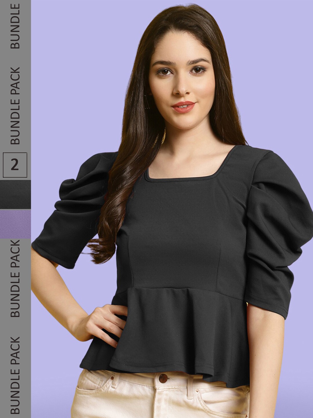 

BAESD Pack Of 2 Puff Sleeve Peplum Top, Black