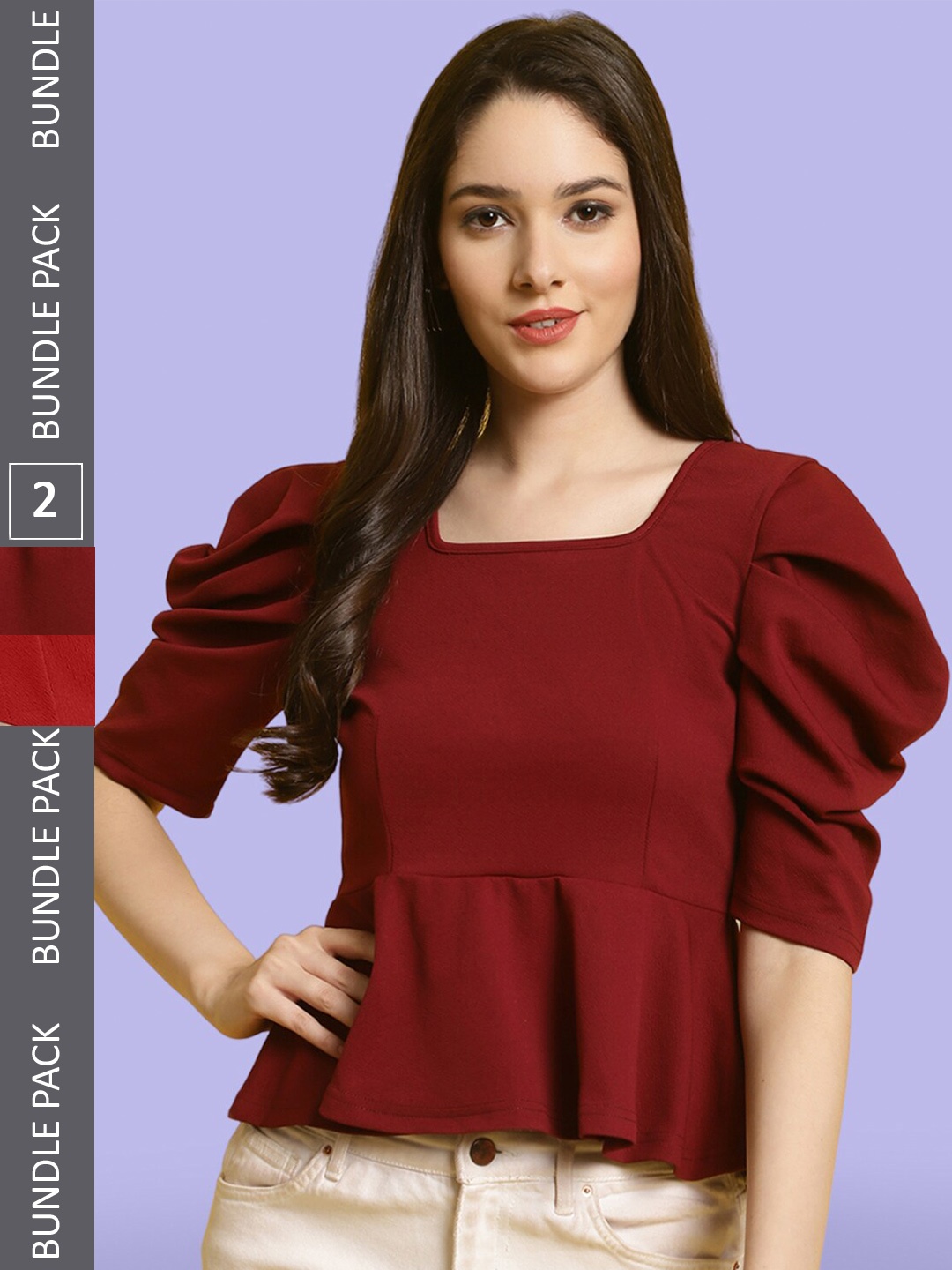 

BAESD Pack of 2 Puff Sleeve Peplum Tops, Maroon