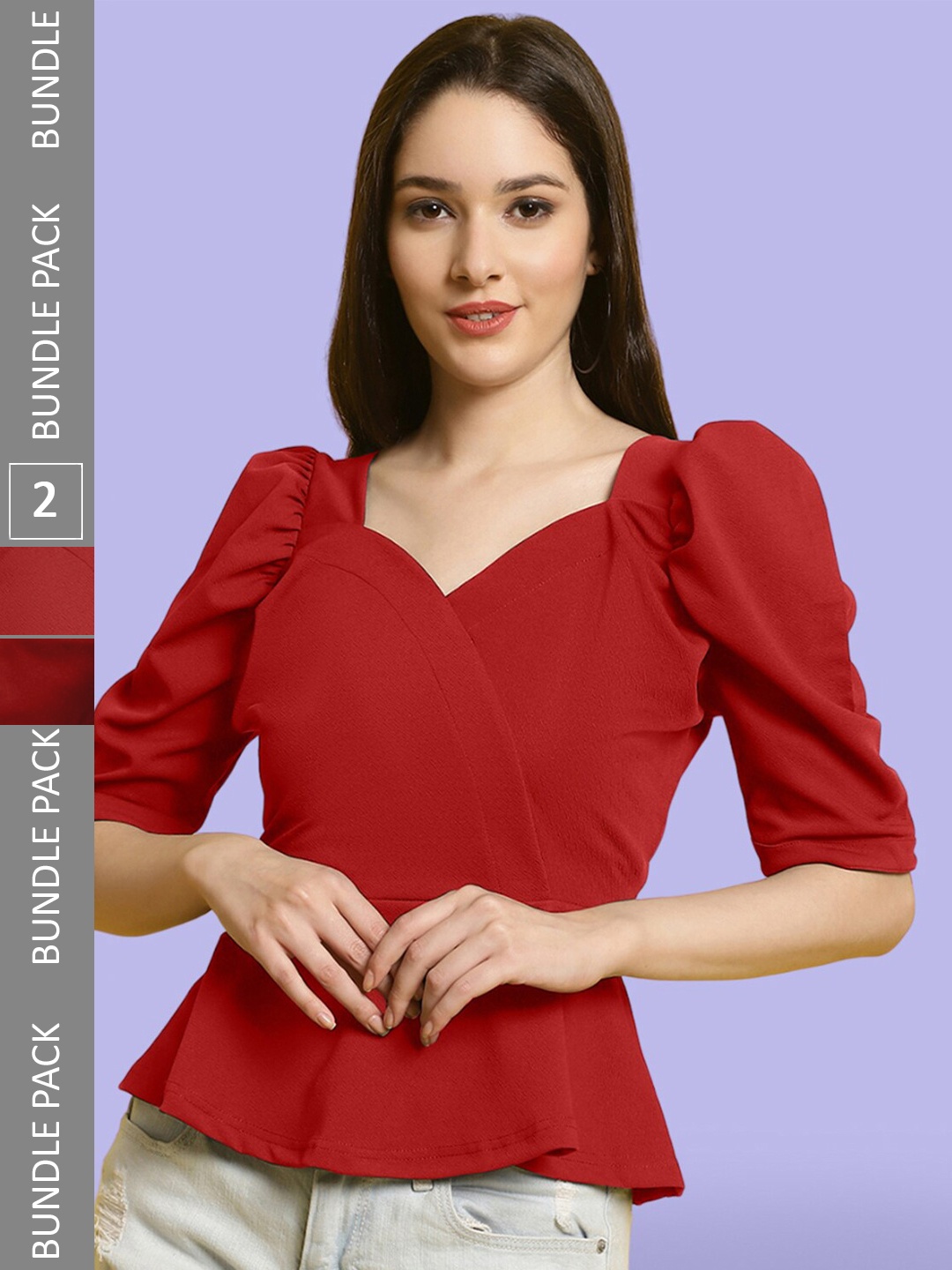 

BAESD Pack of 2 Sweetheart Neck Puff Sleeves Peplum Tops, Red