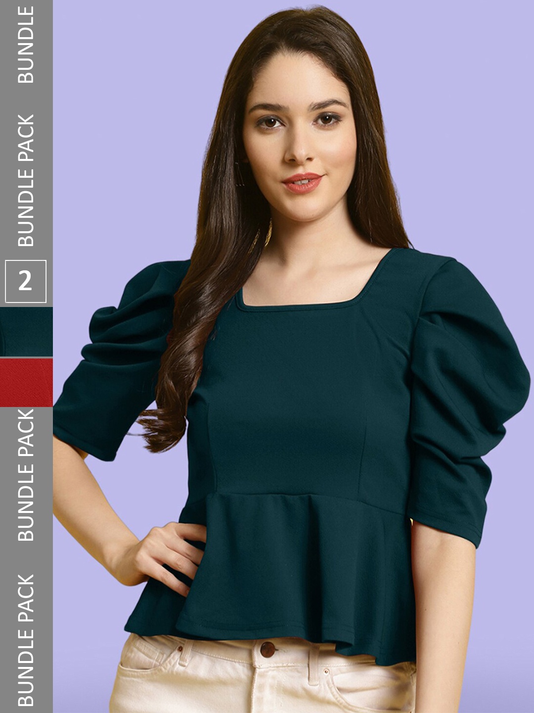 

BAESD Pack Of 2 Puff Sleeves Peplum Tops, Green