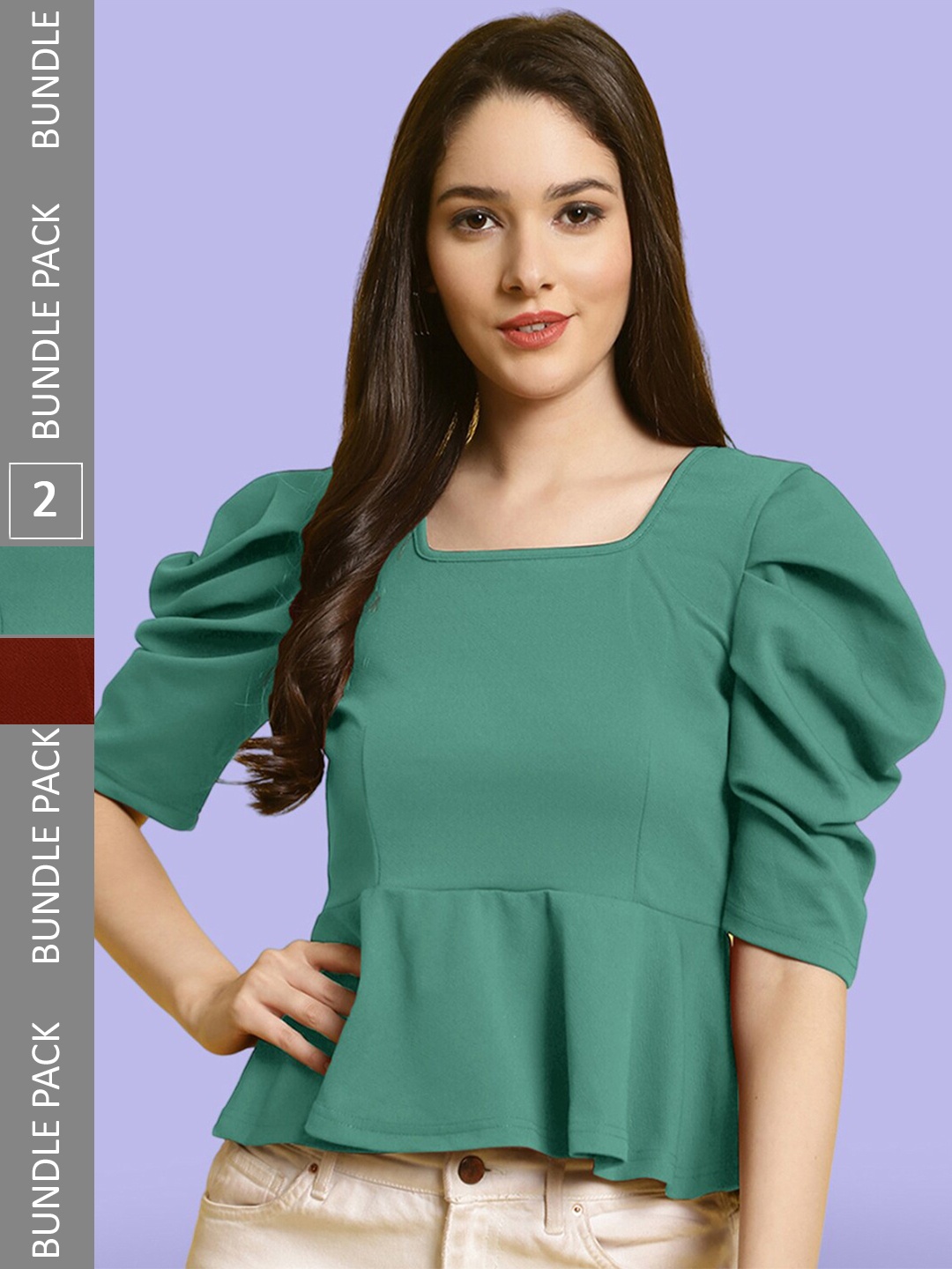 

BAESD Pack Of 2 Puff Sleeves Peplum Tops, Green