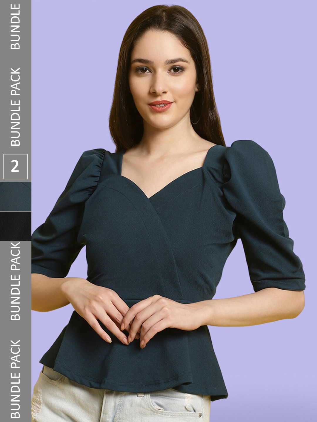 

BAESD Pack Of 2 Sweetheart Neck Puff Sleeve Wrap Top, Green