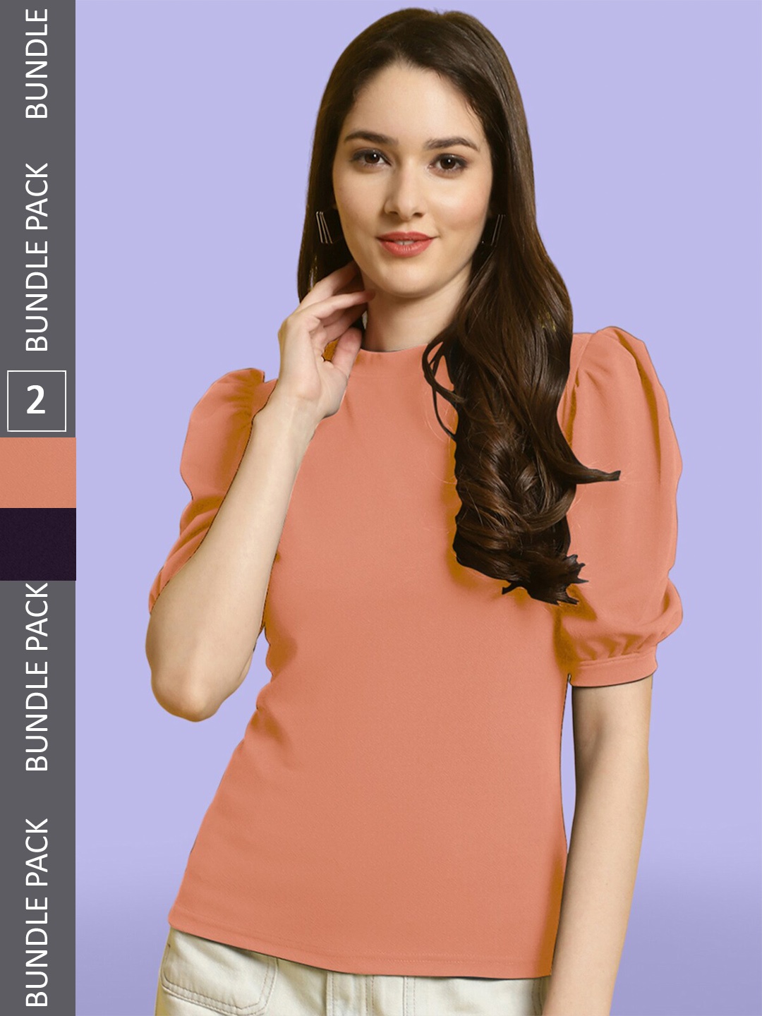 

BAESD Pack Of 2 High Neck Puff Sleeves Top, Peach