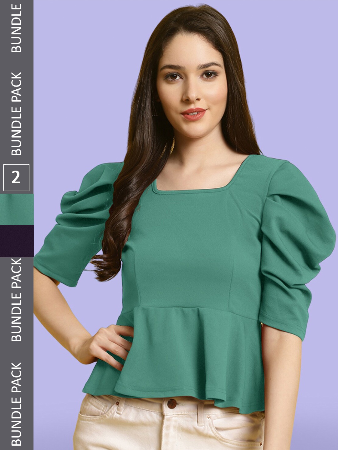 

BAESD Pack Of 2 Square Neck Puff Sleeves Top, Green