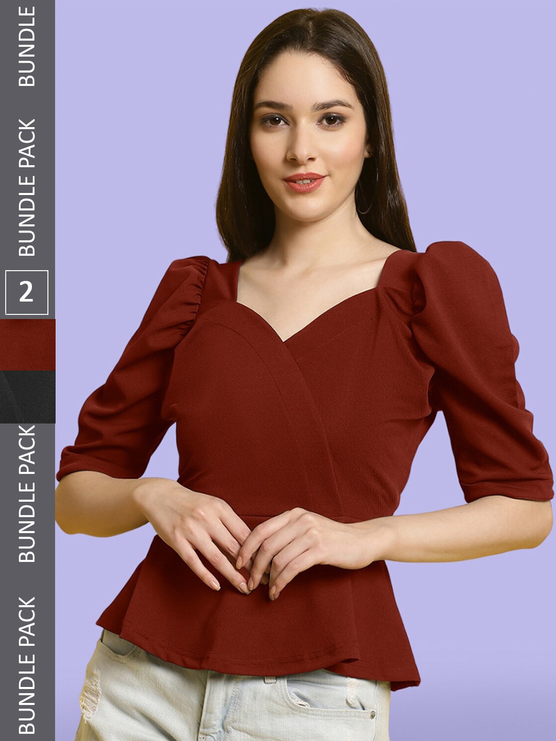 

BAESD Pack of 2 Puff Sleeve Peplum Tops, Maroon