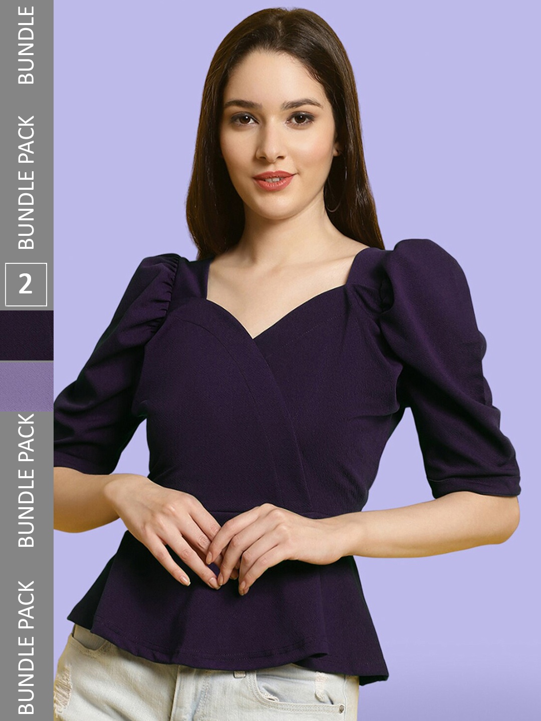 

BAESD Pack Of 2 Puff Sleeves Peplum Tops, Purple