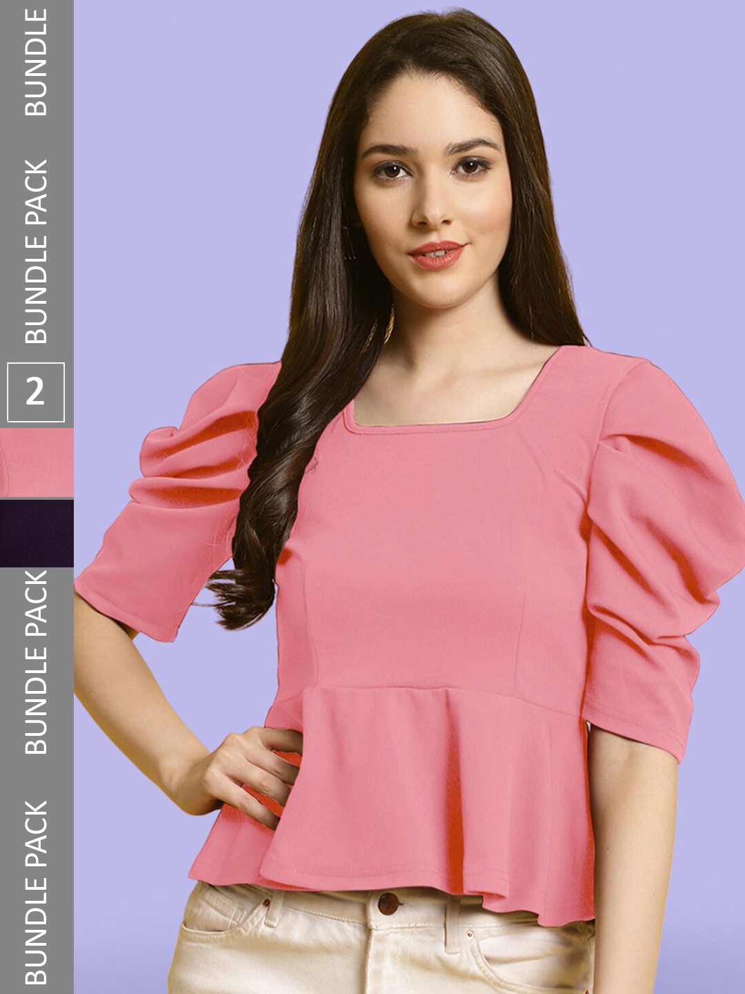 

BAESD Pack Of 2 Puff Sleeves Peplum Top, Pink