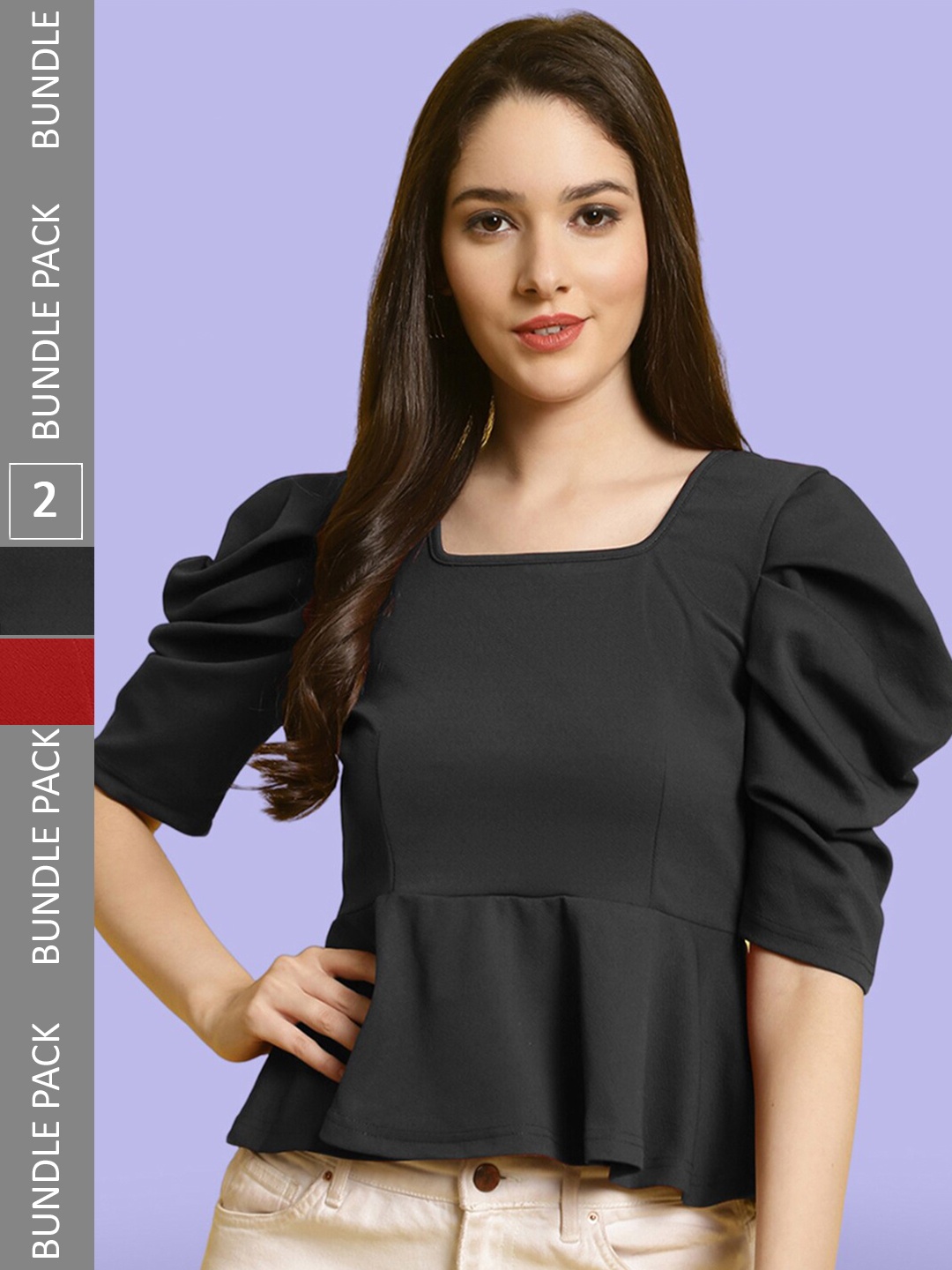 

BAESD Pack Of 2 Puff Sleeves Peplum Tops, Black