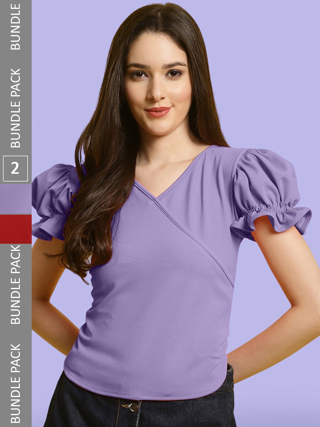 

BAESD Pack Of 2 Sweetheart Neck Puff Sleeves Peplum Top, Red
