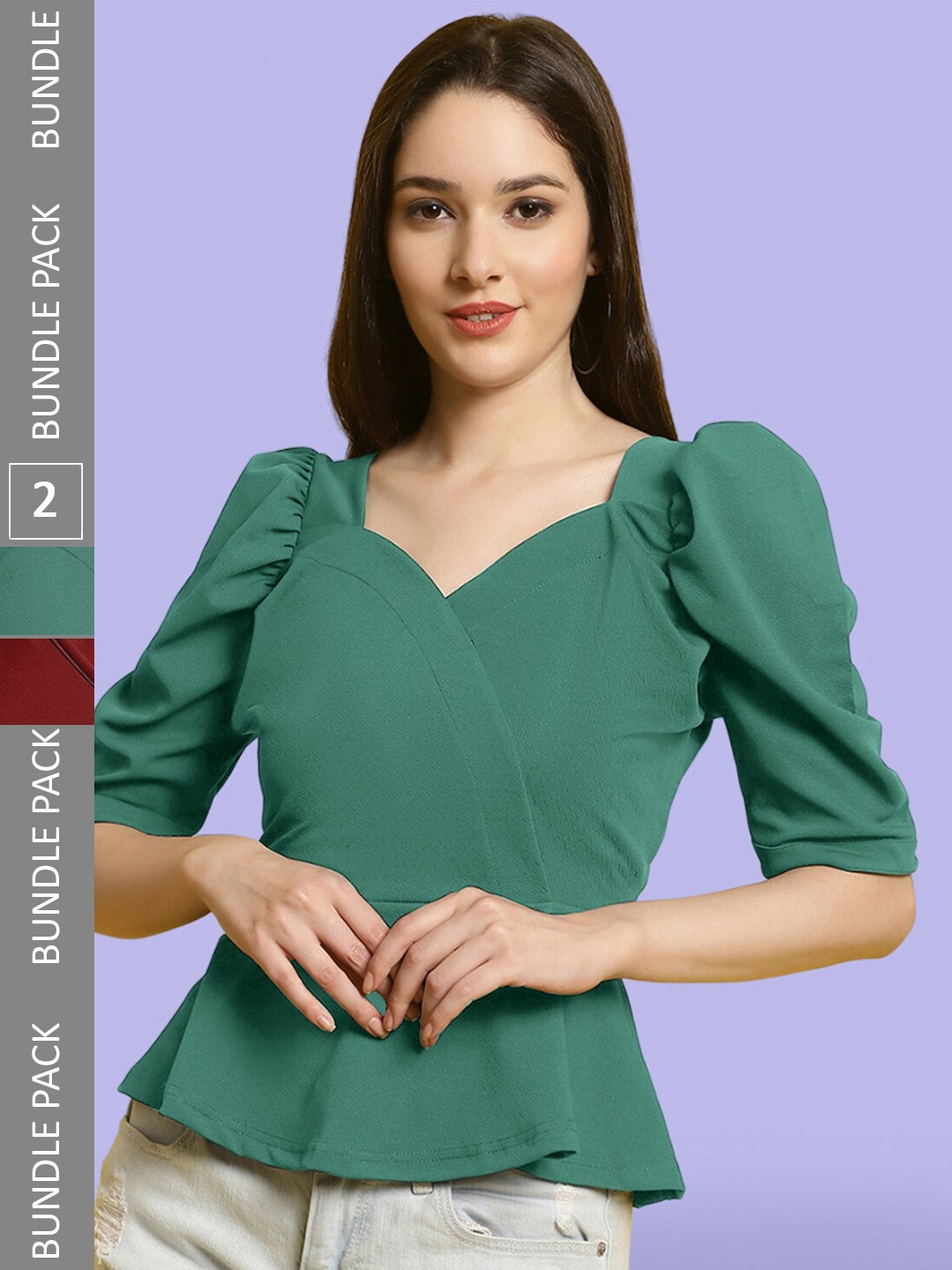 

BAESD Pack Of 2 Sweetheart Neck Puff Sleeve Wrap Top, Green