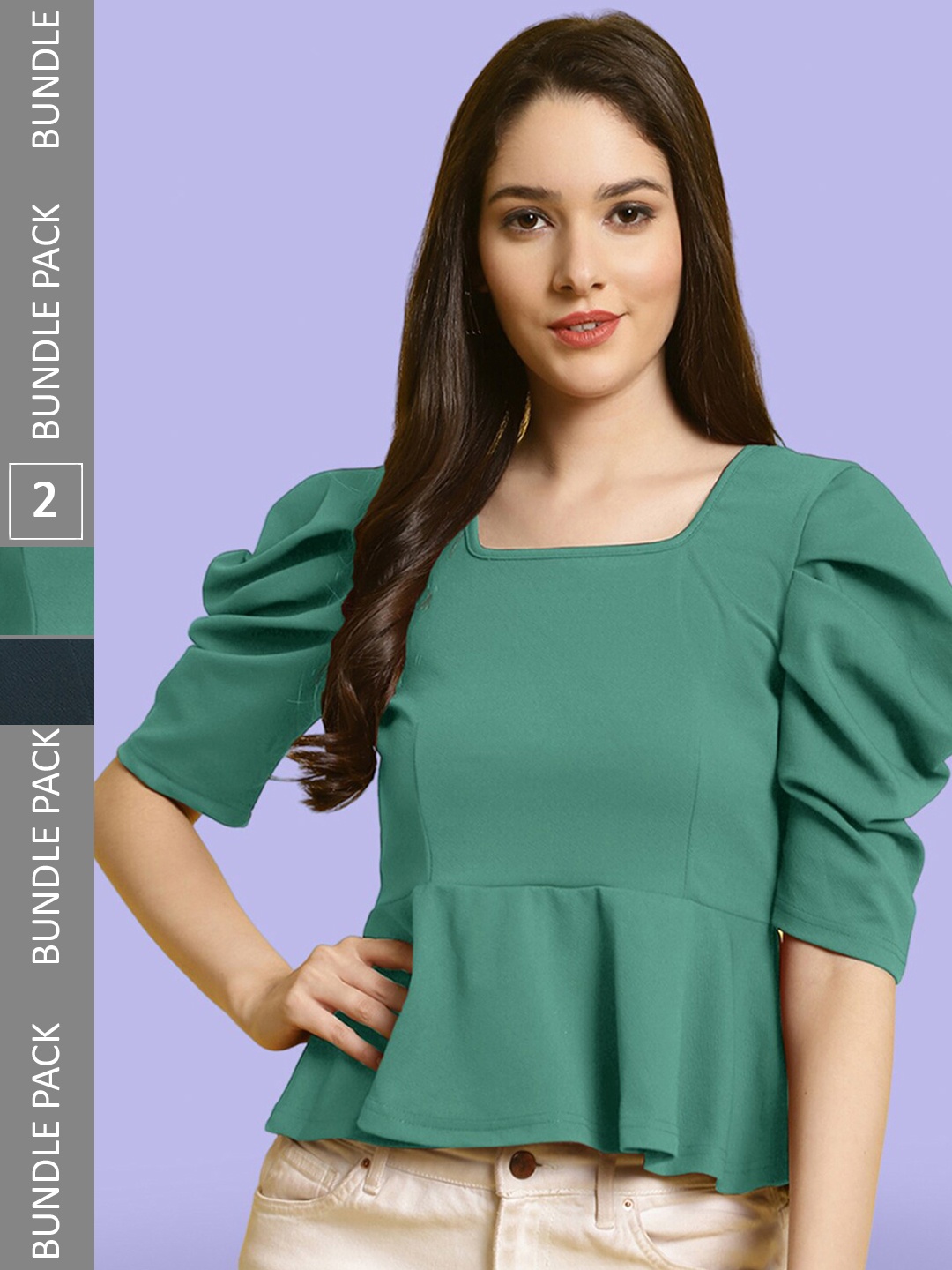 

BAESD Pack Of 2 Sweetheart Neck Puff Sleeves Peplum Top, Green