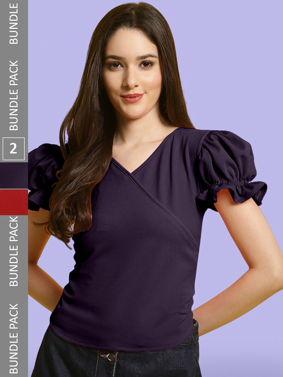 

BAESD Pack Of 2 Sweetheart Neck Puff Sleeve Wrap Top, Purple