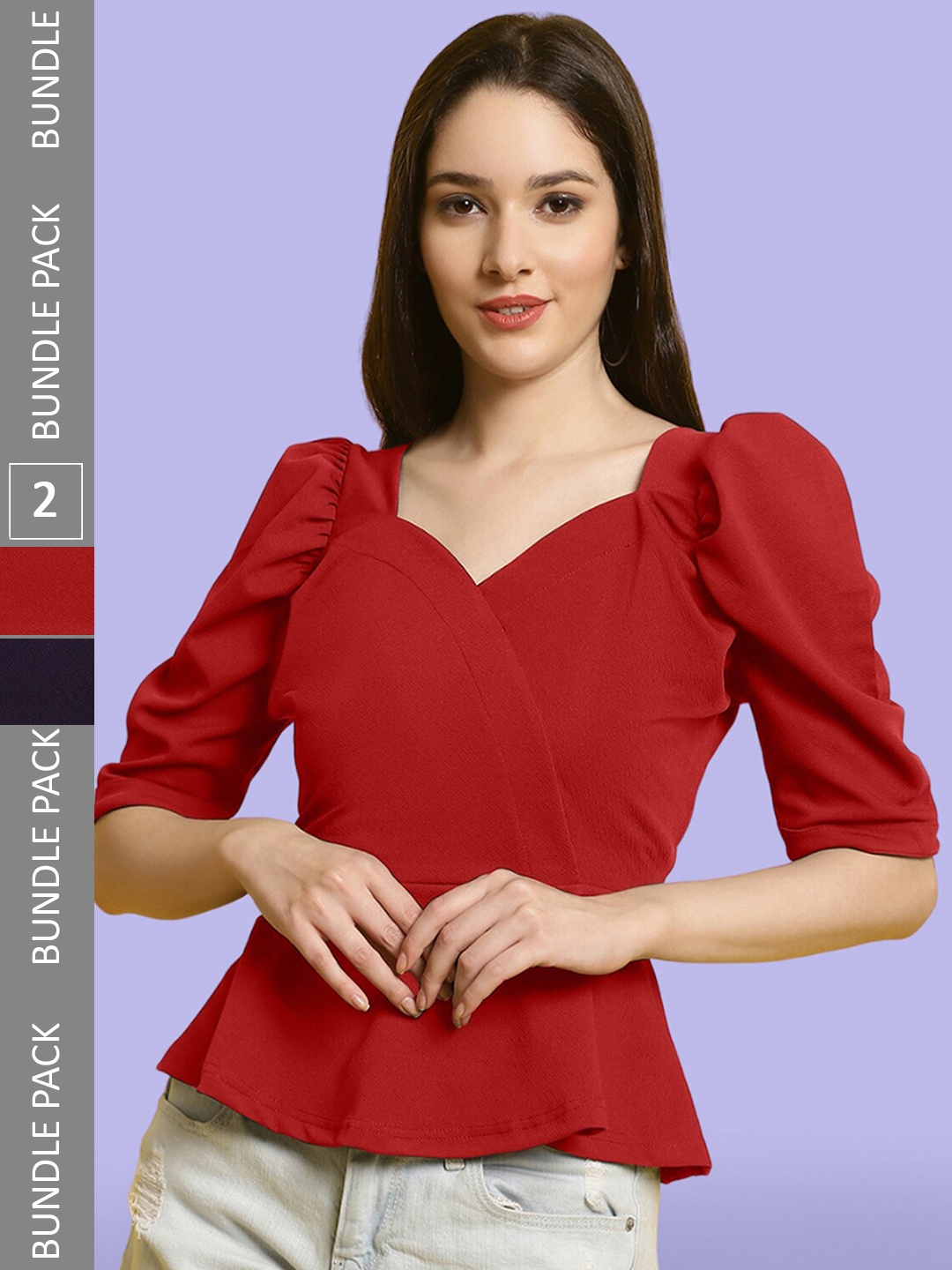 

BAESD Pack Of 2 Sweetheart Neck Puff Sleeve Peplum Top, Red