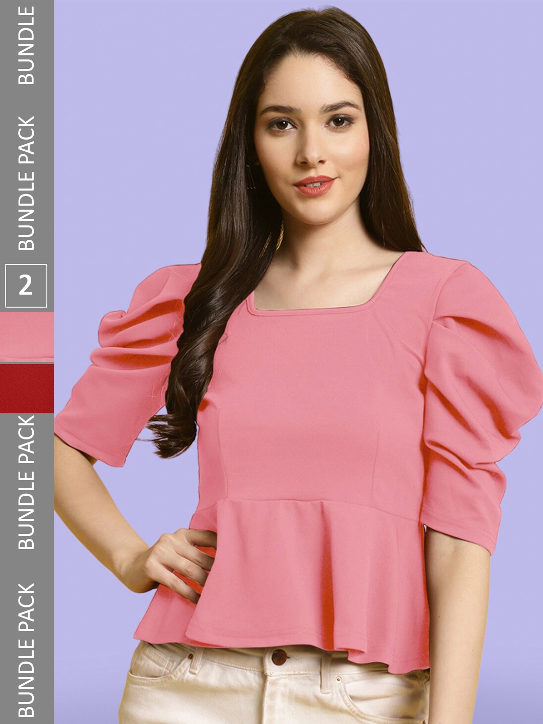 

BAESD Pack Of 2 Square Neck Puff Sleeves Peplum Top, Pink