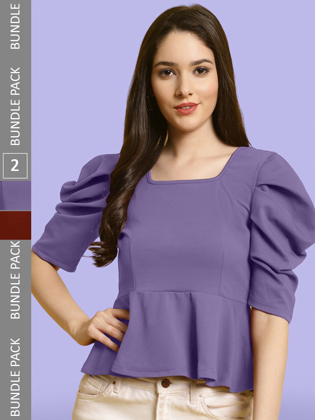 

BAESD Pack Of 2 Puff Sleeve Peplum Tops, Purple