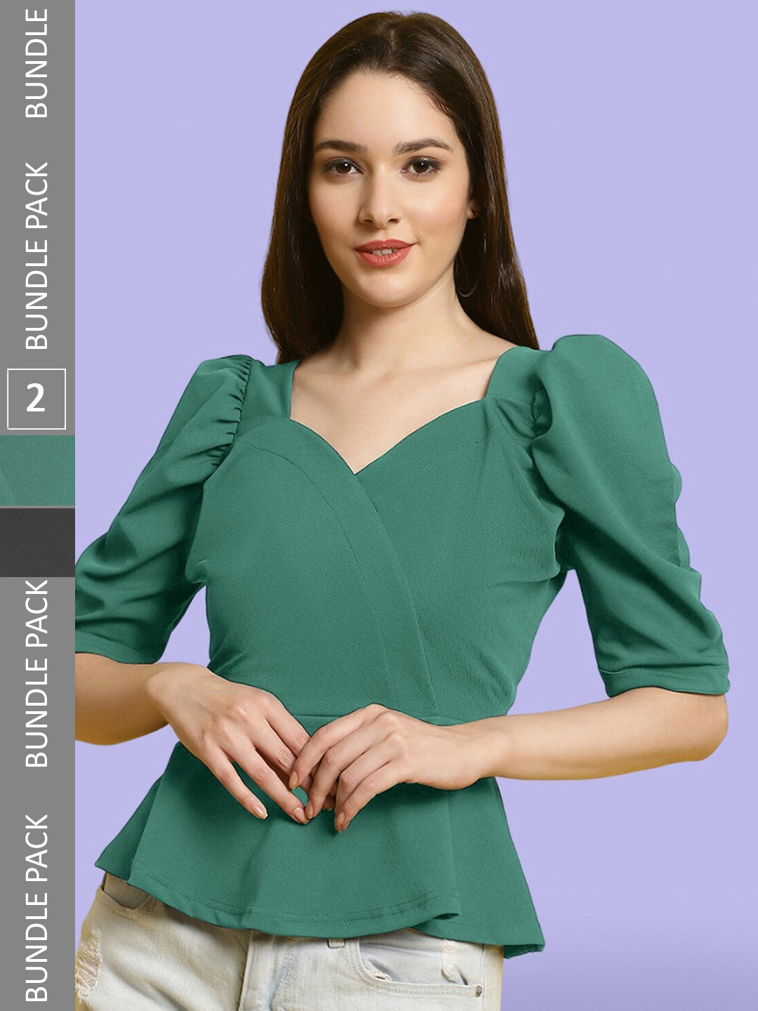 

BAESD Pack of 2 Puff Sleeves Peplum Tops, Green