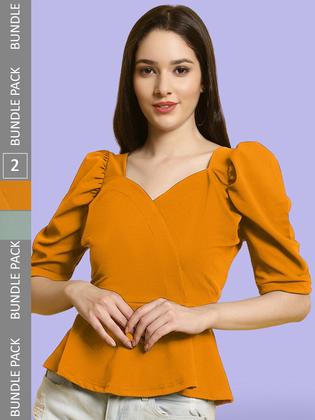 

BAESD Pack Of 2 Sweetheart Neck Puff Sleeves Peplum Top, Mustard
