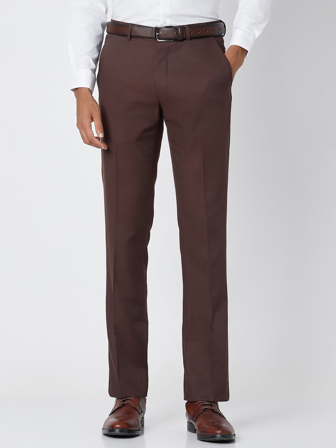 

V Dot Men Skinny Fit Mid-Rise Formal Trousers, Brown