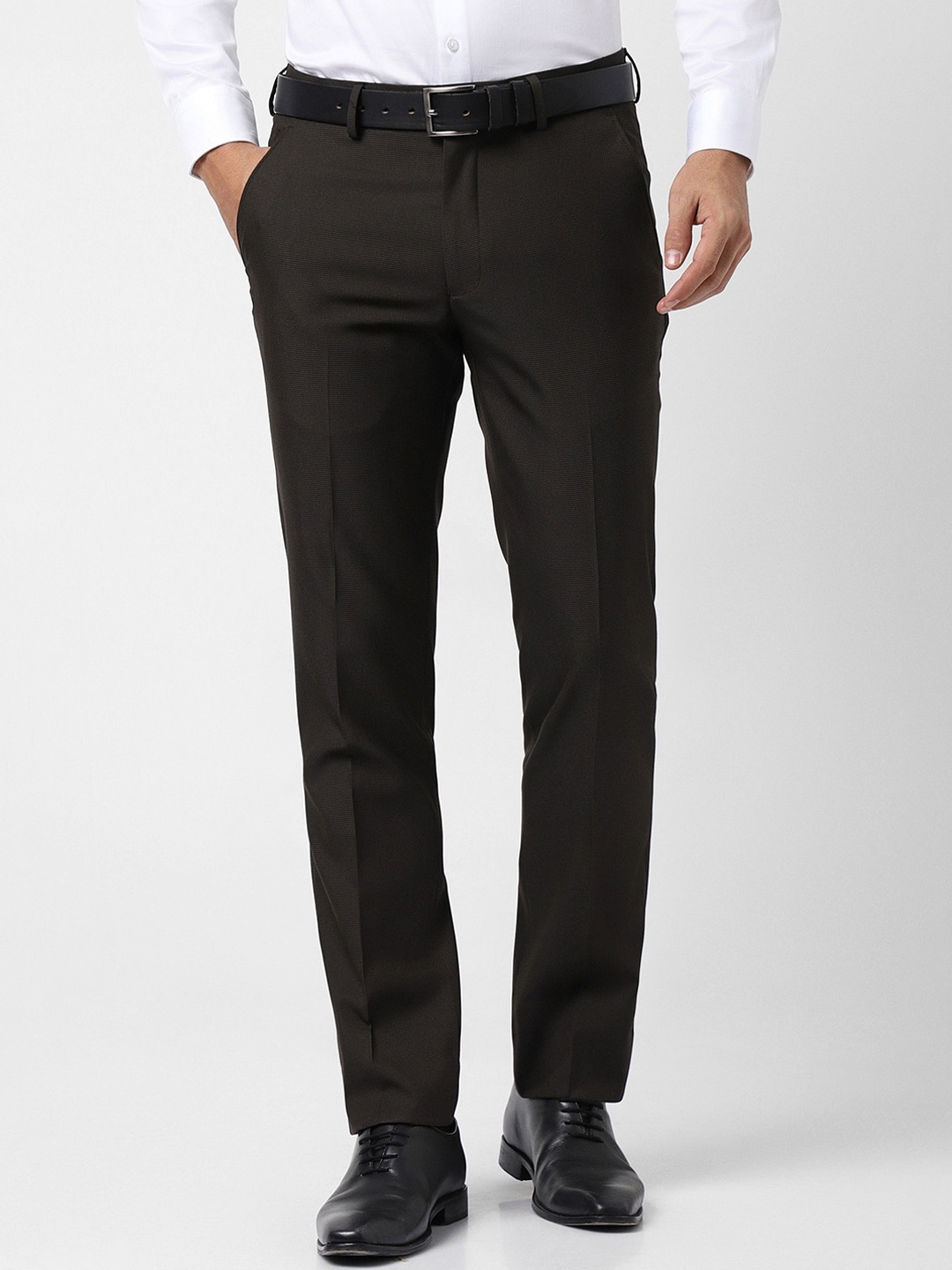 

V Dot Men Mid Top Skinny Fit Plain Formal Trousers, Brown