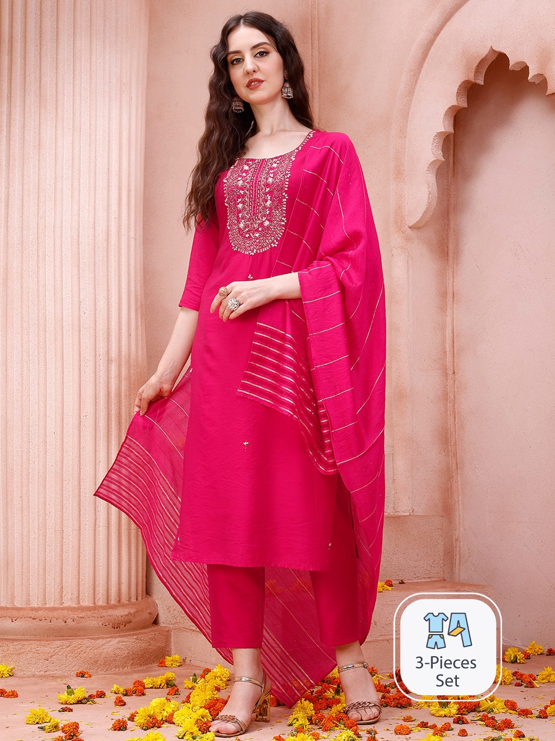 

Berrylicious Ethnic Motifs Yoke Design Chanderi Cotton Kurta with Trousers &, Pink