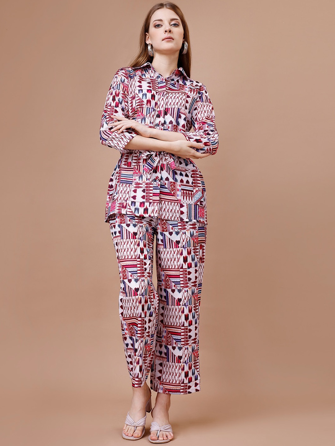 

heemara Printed Shirt Collar Top With Palazzo, Red