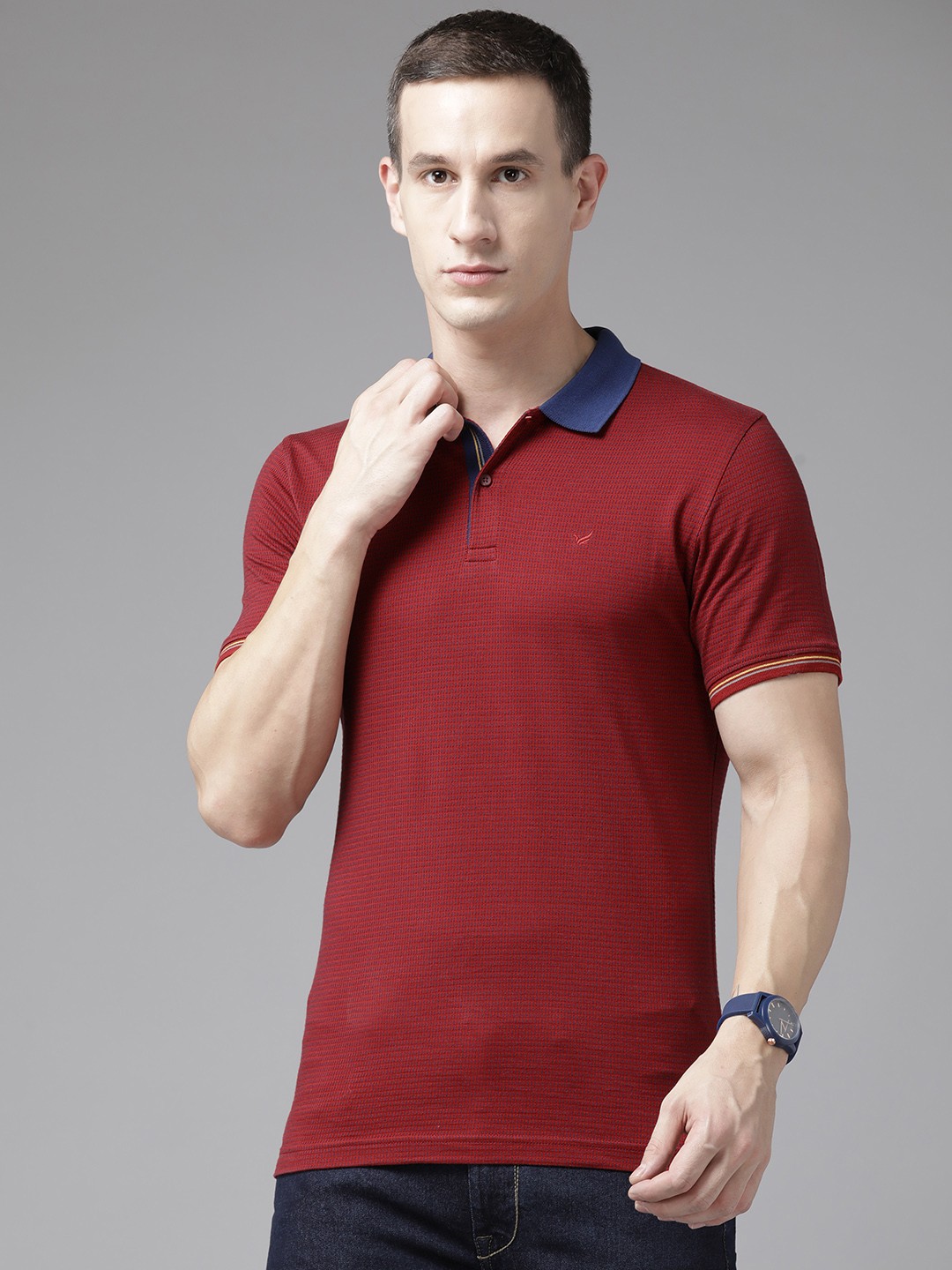 

Blackberrys Pure Cotton Self-Design Polo Collar Slim Fit T-shirt, Red