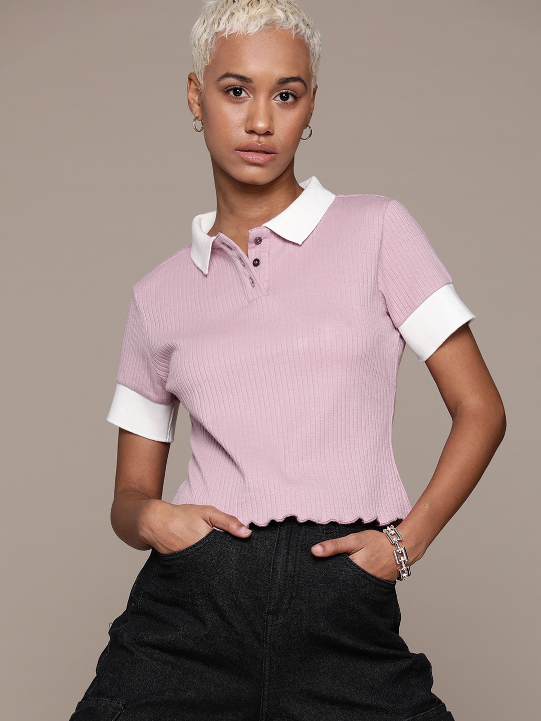 

The Roadster Lifestyle Co. Ribbed Contrast Detail Polo Collar T-shirt, Lavender