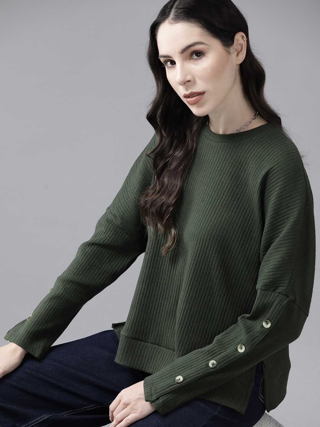 

The Roadster Lifestyle Co. Ribbed Button Detail Sleeves Top, Olive