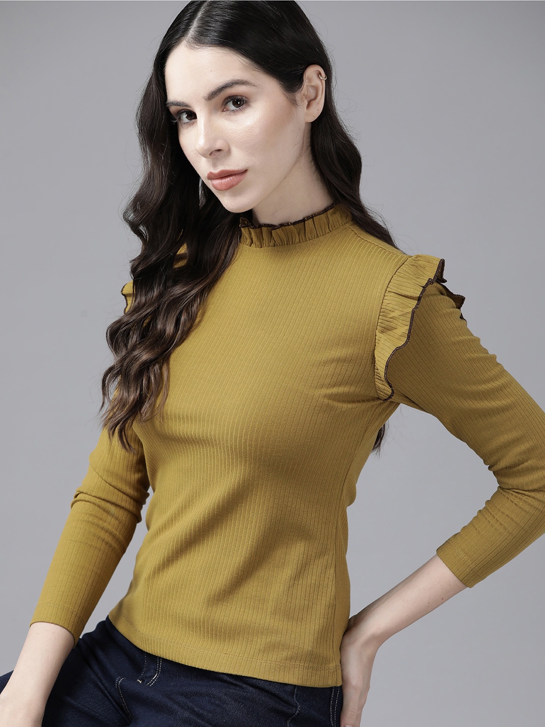 

The Roadster Lifestyle Co.Ribbed Ruffles Top, Khaki