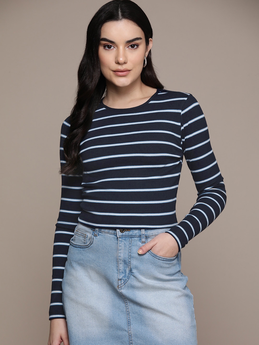 

The Roadster Lifestyle Co. Striped Long Sleeve Knit Top, Navy blue