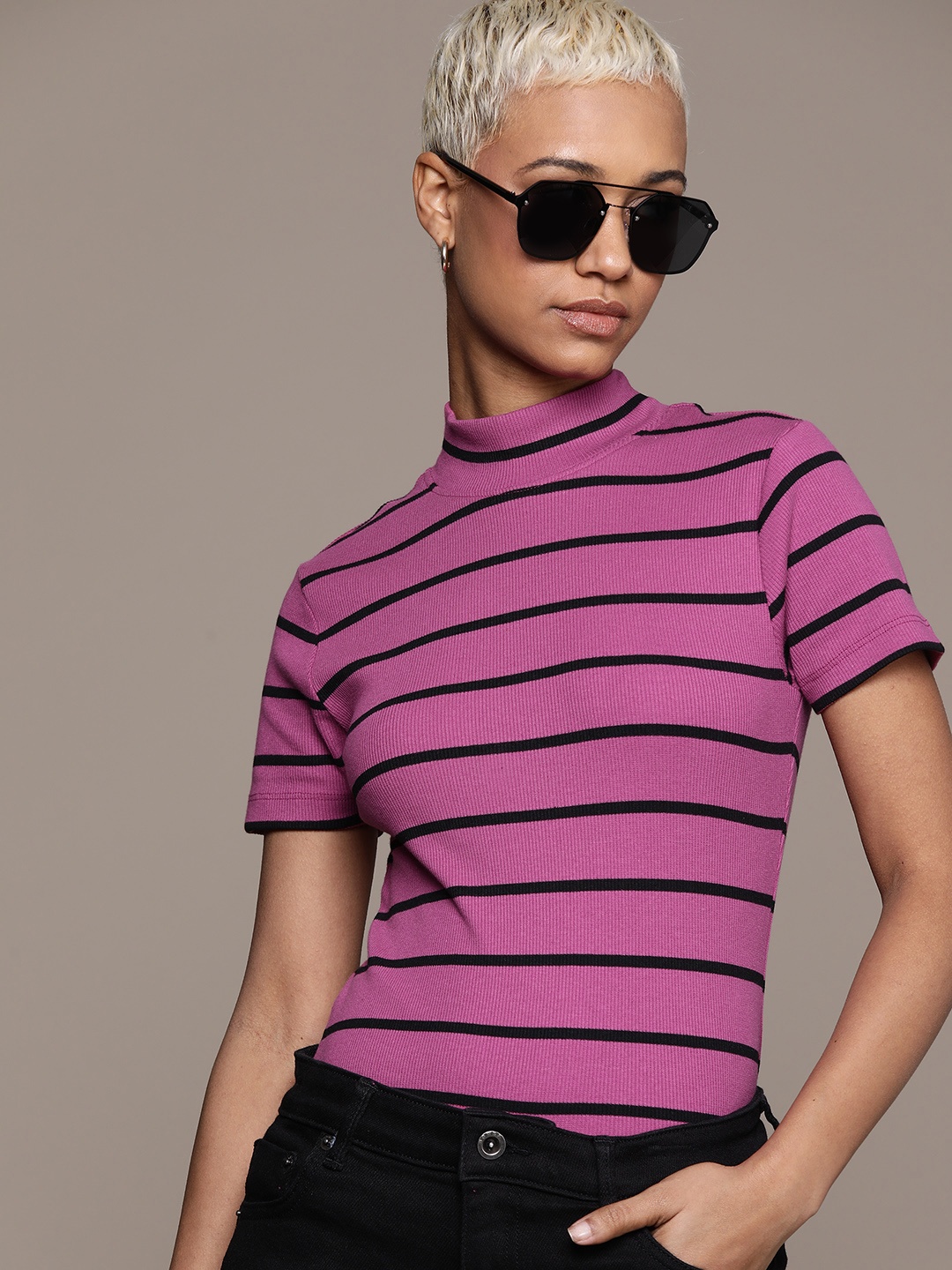 

The Roadster Lifestyle Co. Horizontal Striped Mock Neck Fitted Top, Magenta