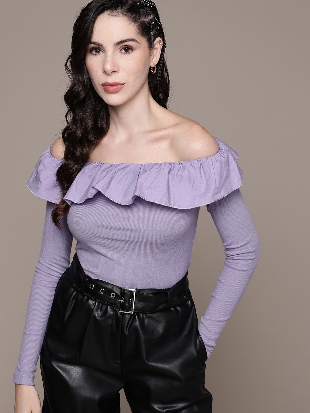 

The Roadster Lifestyle Co. Ribbed Off-Shoulder Ruffles Bardot Top, Lavender