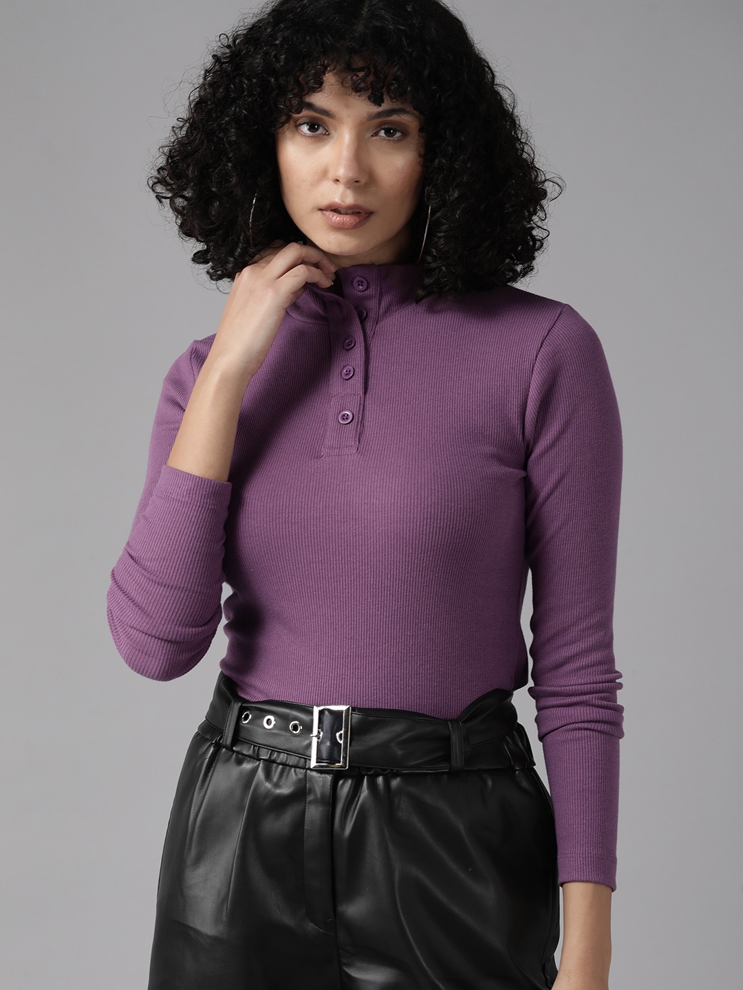 

The Roadster Lifestyle Co. High Neck Fitted Ribbed Top, Purple