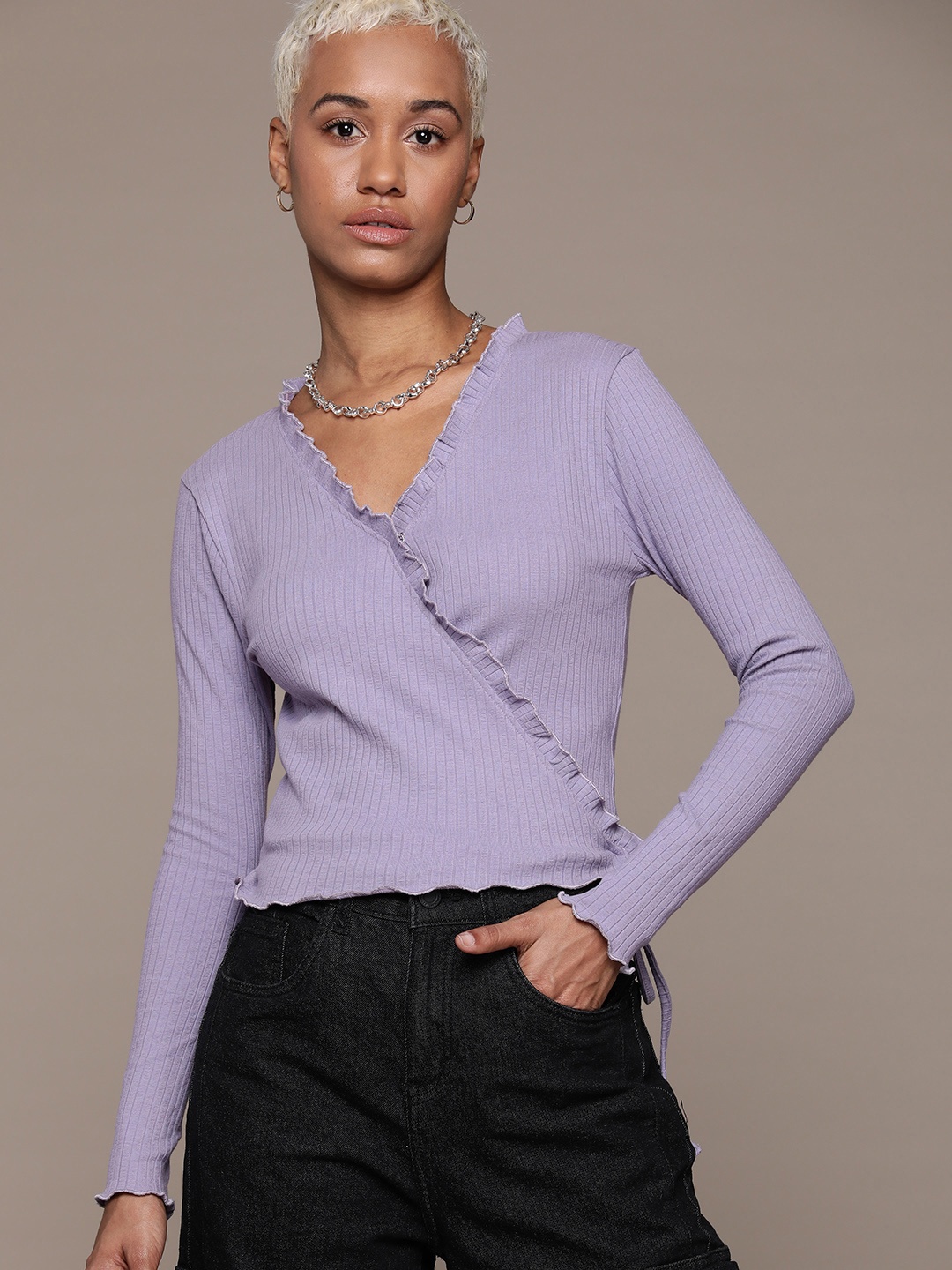 

The Roadster Lifestyle Co. Ribbed Wrap Top With Tie-up & Lettuce Edges, Lavender