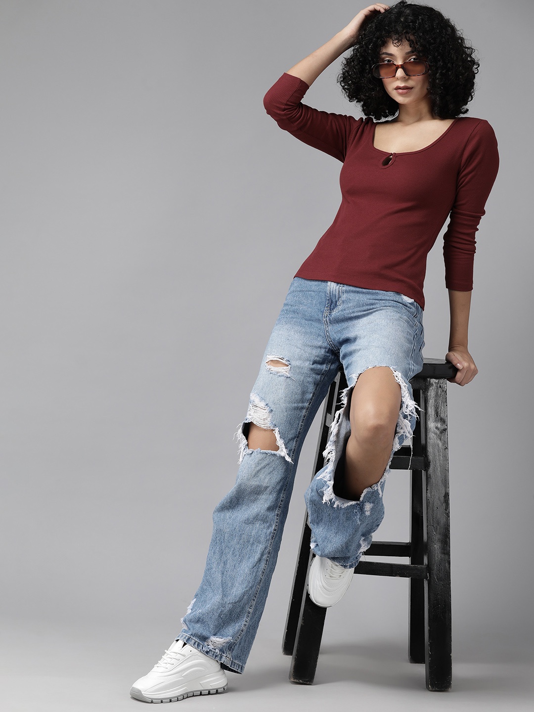

Roadster Maroon Keyhole Neck Cotton Top