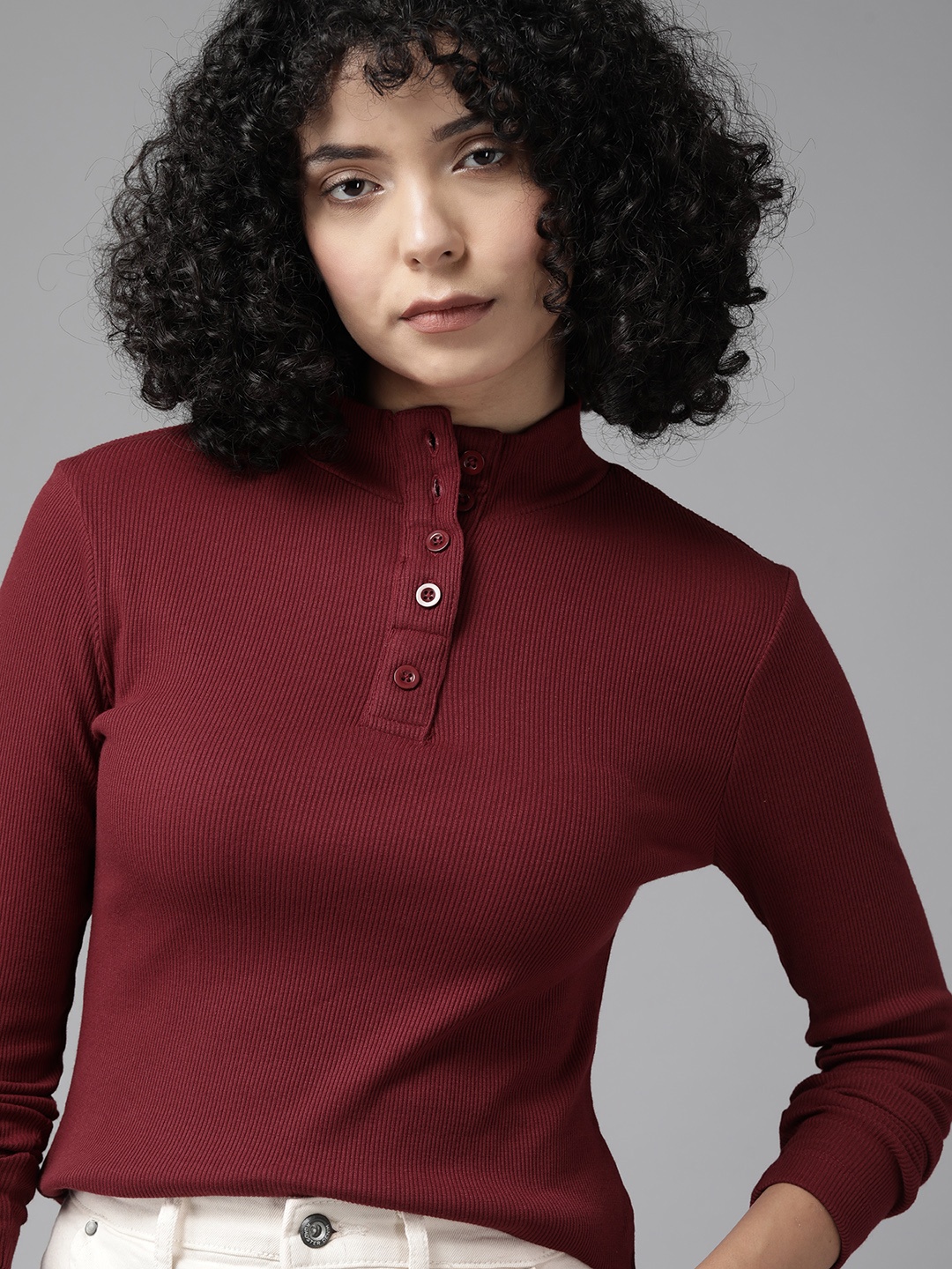 

The Roadster Lifestyle Co. Ribbed Full Sleeves Fitted Top, Maroon