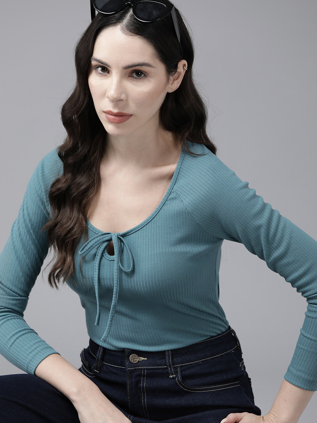 

The Roadster Lifestyle Co. Ribbed Tie-Up Neck Top, Blue