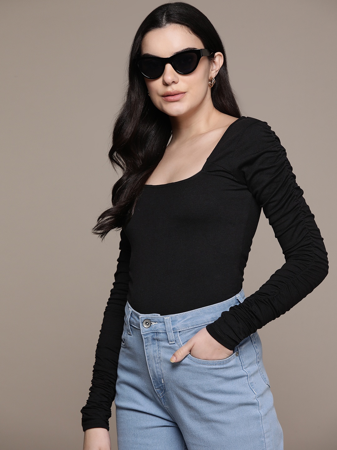

The Roadster Lifestyle Co. Square Neck Ruched Sleeves Fitted Top, Black