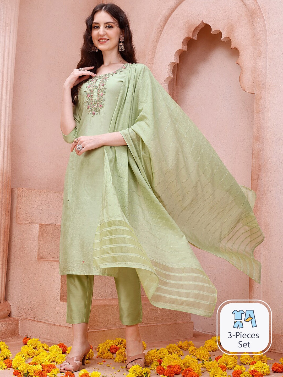 

Berrylicious Ethnic Motifs Yoke Design Chanderi Cotton Kurta with Trousers & Dupatta, Green