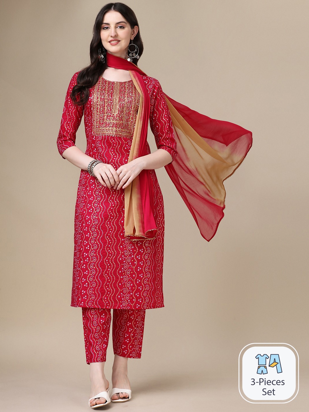 

KALINI Bandhani Printed Thread Work Kurta with Trousers & Dupatta, Pink