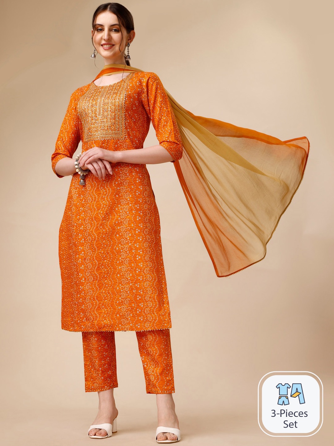

KALINI Bandhani Printed Thread Work Kurta with Trousers & Dupatta, Orange