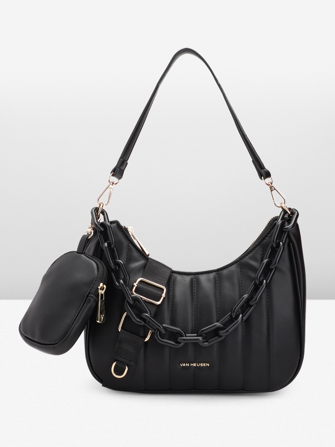 

Van Heusen Self Design Quilted Structured Hobo Bag with Pouch, Black
